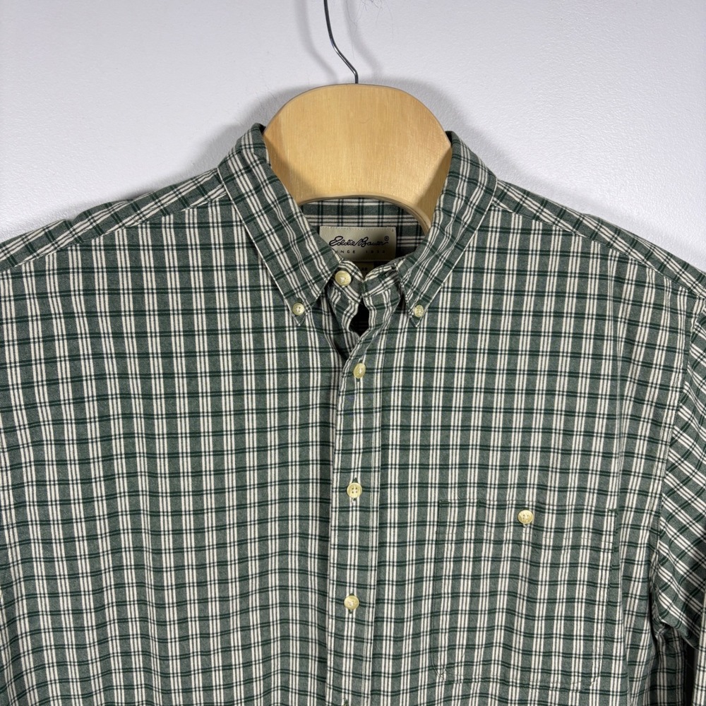 Eddie Bauer‎ Mens XL Green White Plaid Long Sleeve Button Down Cotton Shirt